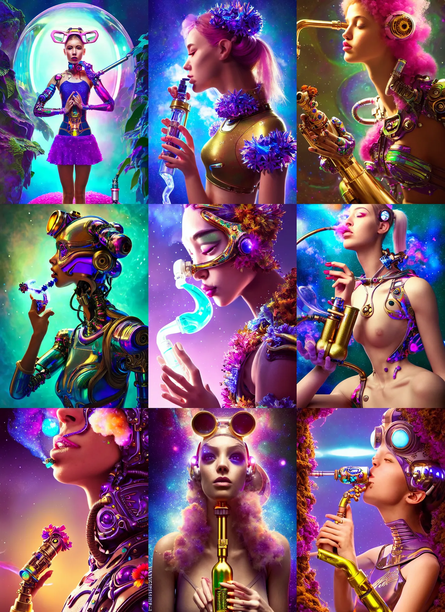 Prompt: polished lush galactic cheerleader ornate floral edm cyborg smoking from an elaborate waterpipe : : weta disney pixar movie still photo : : hi - fructose, sci fi, decadent highly - detailed digital painting, golden ratio, octane render, artstation, smooth, sharp focus, artgerm mucha, loish, wlop : :