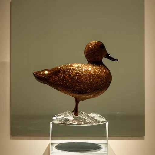 Prompt: a transparent sculpture of a duck made out of glass. the sculpture is in front of a painting of a landscape.