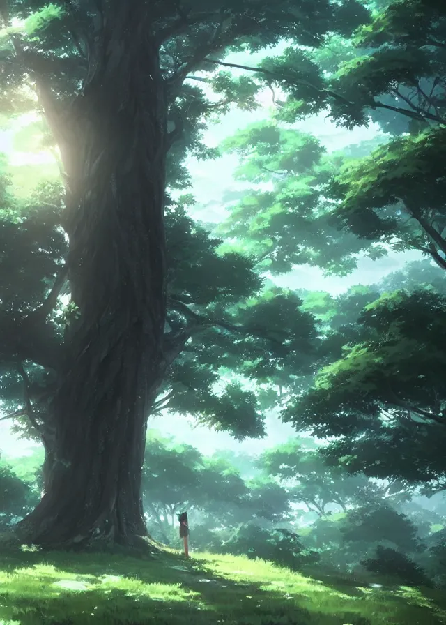 Image similar to grand green tree in a forest, makoto shinkai