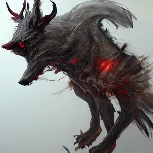 Image similar to ellen jewett, mysterious wolf with red eyes, concept art,