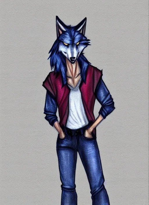Image similar to expressive stylized master furry artist digital colored pencil painting full body portrait character study of the wolf ( sergal ) small head fursona animal person wearing clothes jacket and jeans by master furry artist blotch