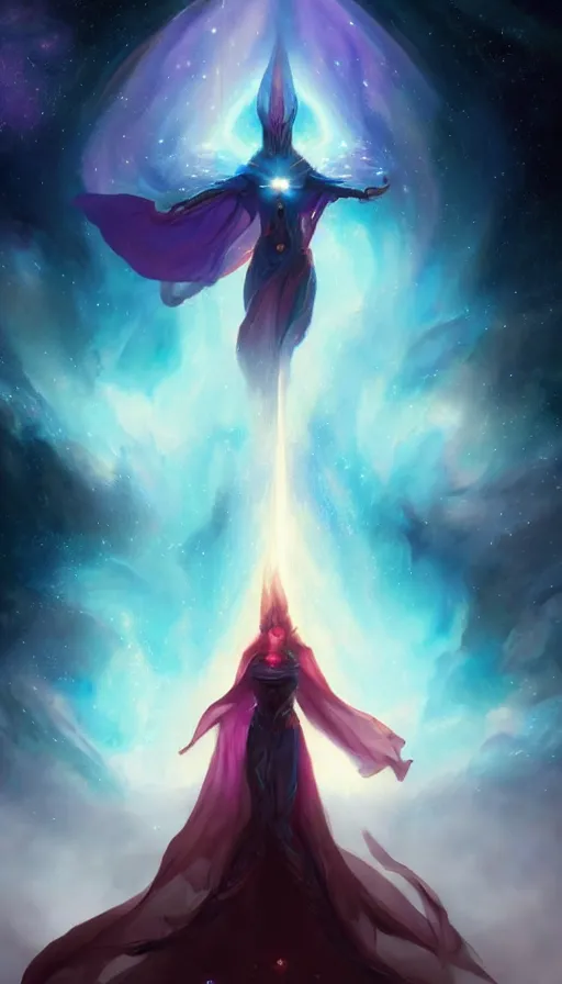 Image similar to god with a cape, epic scene, colors, holy, full body, galaxy, and, stars, atmosphere, unreal engine, pixar, video game, ethereal, insanely, detailed, volumetric, symmetrical, concept art, peter mohrbacher, charlie bowater, unreal engine, artstation, cinematic, video game, digital painting, artist maena