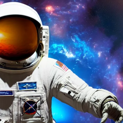 Image similar to astronaut in space floating in the eye of the universe, photo-realistic, hyper-realistic, cinematography, 8k, HD, highly detailed, dreamy