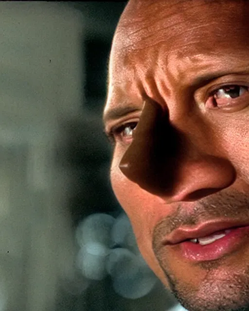 Image similar to Film still close-up shot of Dwayne Johnson as Rocky Balboa from the movie Rocky. Photographic, photography