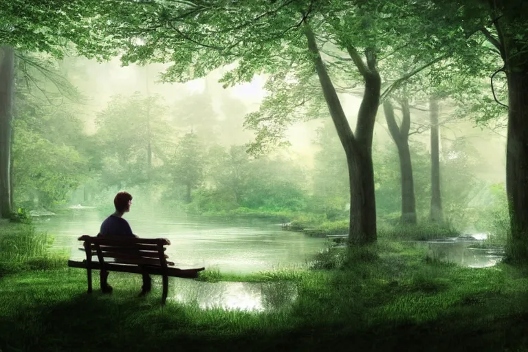 Image similar to a prince sits on a bench in a forest in front of a pond in the center, green color scheme, morning, mist, sun rays, artstation,