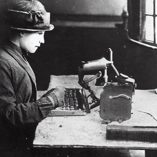 Image similar to an early 1900s photo of someone on a computer making a donut in blender