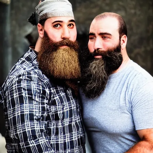 Prompt: two bearded strongmen in love