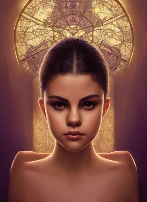 Prompt: symmetry!! selena gomez, machine parts embedded into face, intricate, elegant, highly detailed, digital painting, artstation, concept art, smooth, sharp focus, illustration, art by artgerm and greg rutkowski and alphonse mucha, 8 k