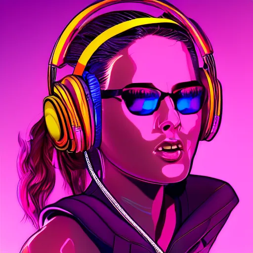 Image similar to synthwave girl wearing headphones, animated, trending on artstation, portrait