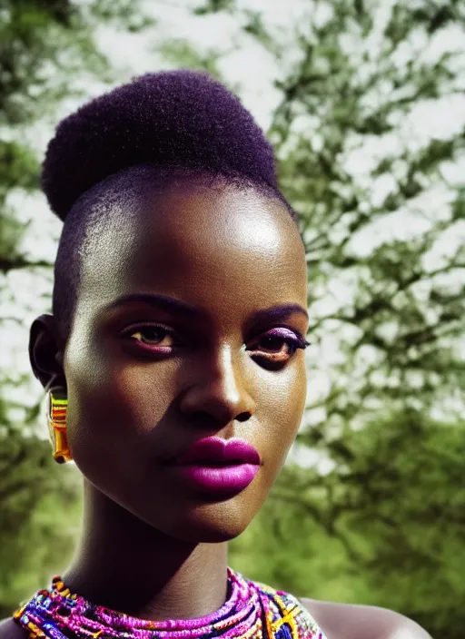 Prompt: beautiful african portrait, ( ( head shot ) ), sharp focus, neo classic, bloom, movie still, sony, symmetrial, makeup, sephora, loreal, green highlights, lens flare, afro - futurism, studio light, octane render, national geographic, maybelline, model, forest, traditional, vsco, bokeh, 8 k