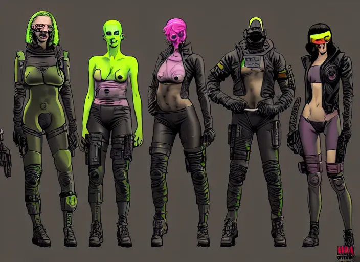 Image similar to cyberpunk hazmat tactical squad. portrait by stonehouse and mœbius and will eisner and gil elvgren and pixar. character design. realistic proportions. cyberpunk 2 0 7 7 character art, blade runner 2 0 4 9 concept art. cel shading. attractive face. thick lines. the team. diverse characters. artstationhq.