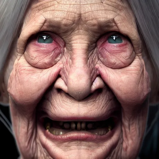 Image similar to very old woman portrait, no teeths, many wrinkles, 8 k, photorealistic, octane render, award winning photography, lovecraft style, horror atmosphere, cinematic, hyper realism,