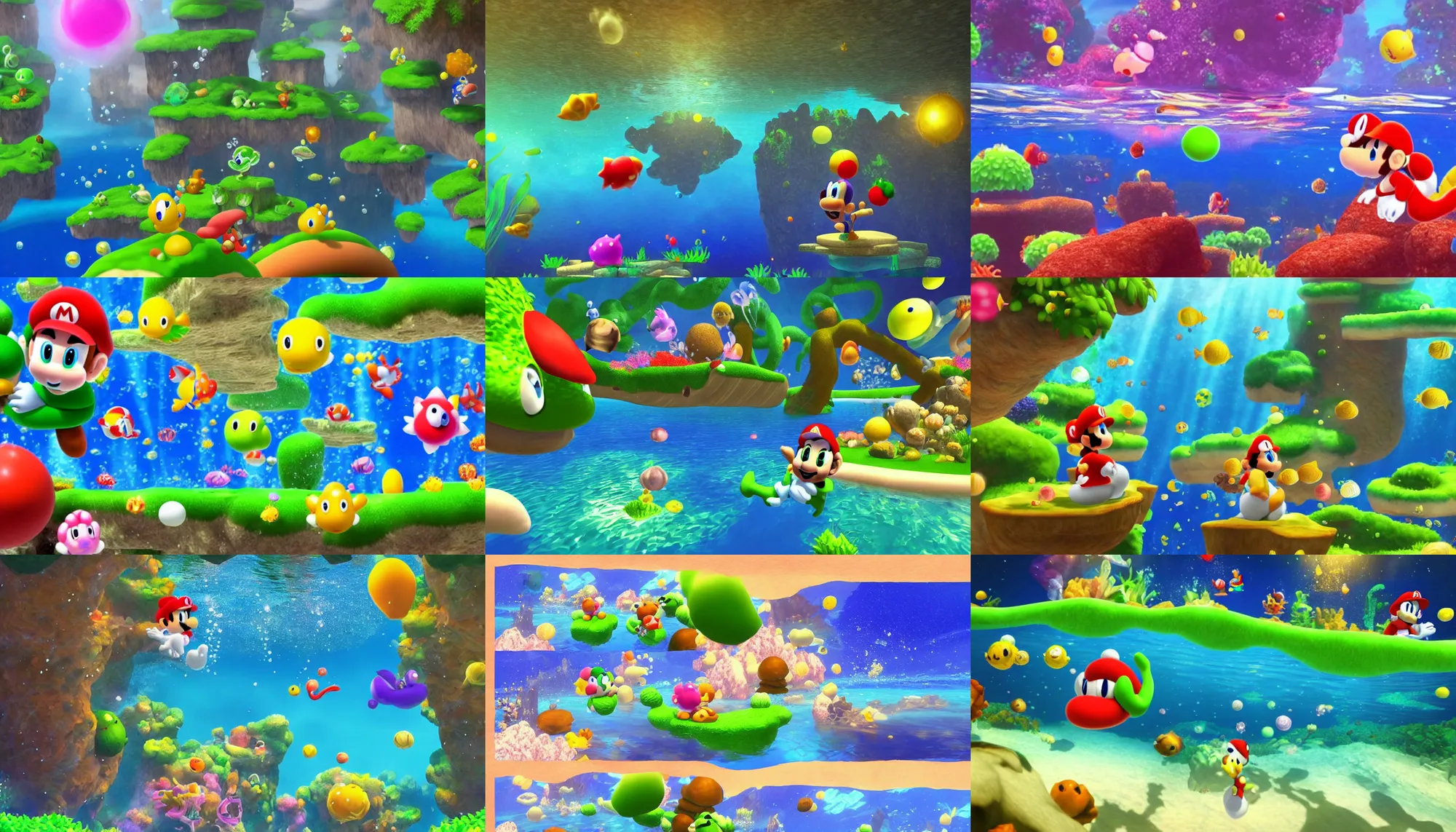 Prompt: yoshi is looking at a beautiful underwater landscape photography in the style of super mario galaxy, realistic soft lighting, canon nikon, instagram photo amazing view, sunny at noon