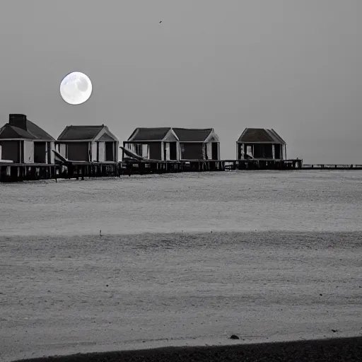 Image similar to a photography taken by someone who doesn't know how to use a camera of the super moon over the beach huts and the isle of wight