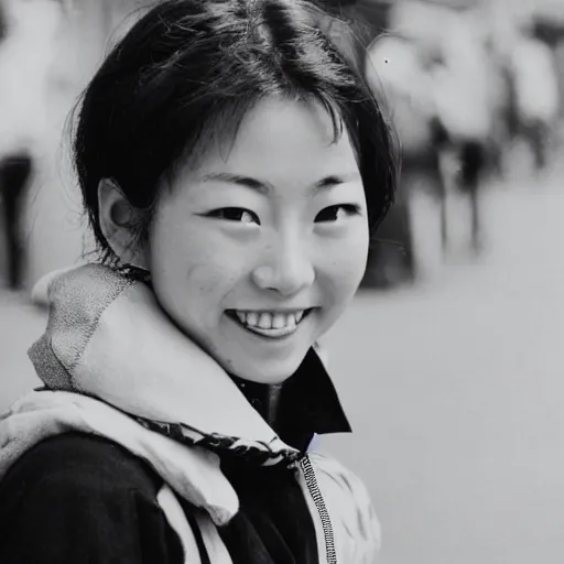 Prompt: 90's Japanese photo, close up, a girl smile for cam on the street, Professional Photography