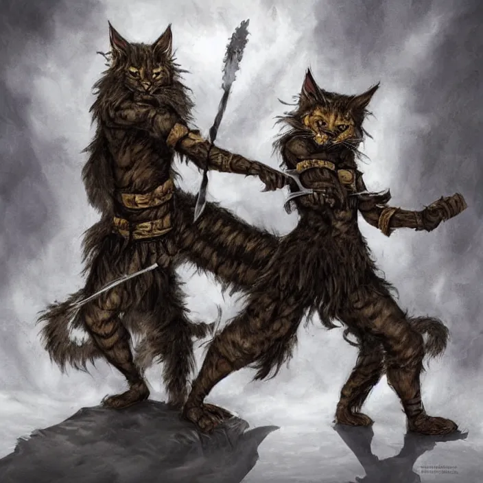 Prompt: khajit tabaxi catfolk humanoid with maine coon features black fur with a scar on the left eye and holding two shortswords cloaked in shadow and wearing hooded leather armor toned muscle, dungeons and dragons, pure white background, fantasy, tarot card style, high detail, hyper realistic