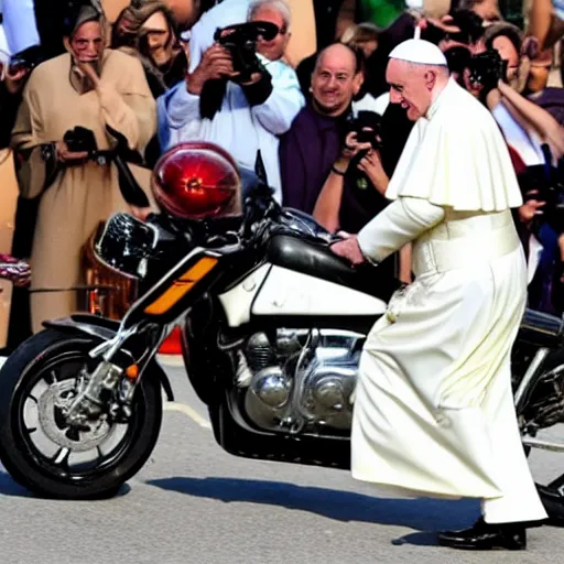 Image similar to pope francis doing a wheelie on a motorcycle with one hand and behind him muhammad