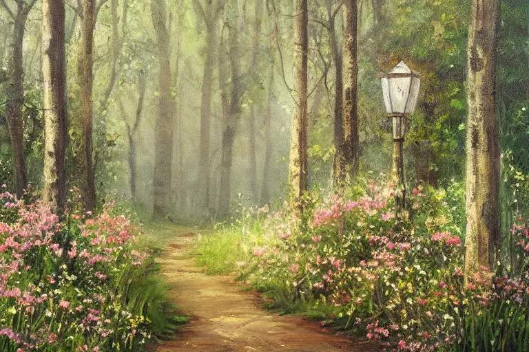 Image similar to vintage iron lamp post in the forest in the spring. Cinematic, flowers, hiking trail. Intricately detailed oil painting