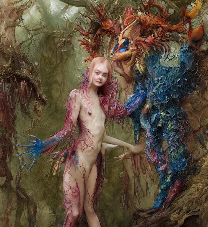 Image similar to elle fanning as a brightly colored harpy with wet mutated skin. she is trying on a amphibian alien suit. by tom bagshaw, donato giancola, hans holbein, walton ford, gaston bussiere, peter mohrbacher, brian froud and iris van herpen. 8 k, cgsociety