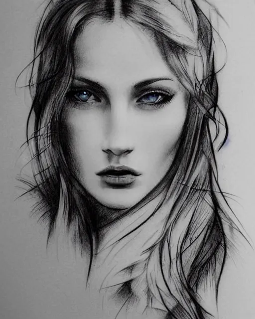 Image similar to tattoo design sketch of a beautiful blue - eyed woman face with a faded background of beautiful mountains and nature on her side, hyper - realistic, in the style of den yakovlev, amazing detail, black and white