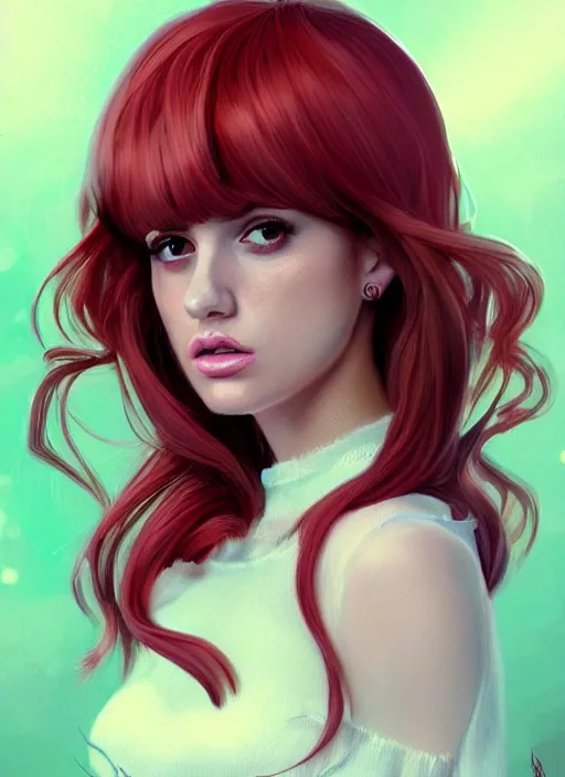 Image similar to full body portrait of teenage cheryl blossom, bangs, green eyes, sultry expression, red hair, sultry smirk, bangs and wavy hair, pink skirt, bangs, intricate, elegant, glowing lights, highly detailed, digital painting, artstation, concept art, smooth, sharp focus, illustration, art by wlop, mars ravelo and greg rutkowski