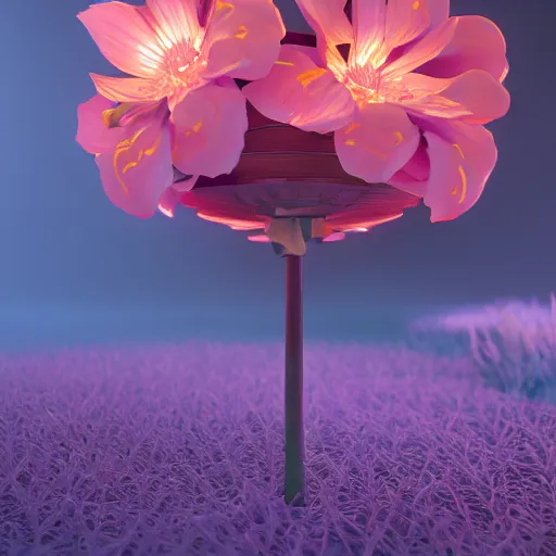 Image similar to Luminescent flower blooming at twilight, cgsociety, r /art, trending on artstation, artstationHD, octane render, highly detailed, vray, volumetric lighting, unreal engine