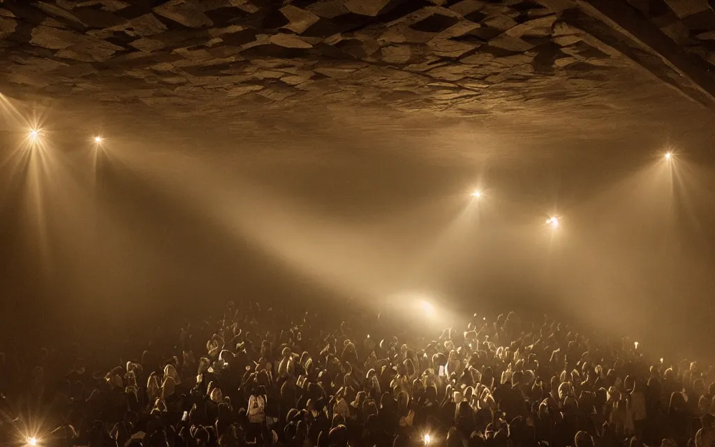 Prompt: sandro botticello. very soft, delicate light. venus but dancefloor in underground club. in the middle is a little platform, people dancing around it. disco lights. fog. moody. sun is already rising. 6 am.