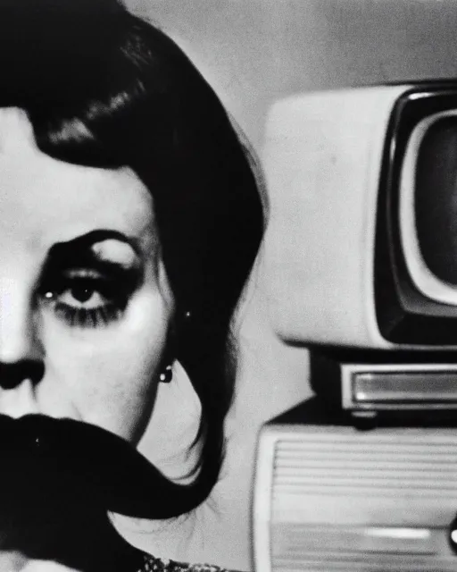 Prompt: a woman staring angrily into old TV, black-and-white photo, 1960s, hyperrealistic, old photo