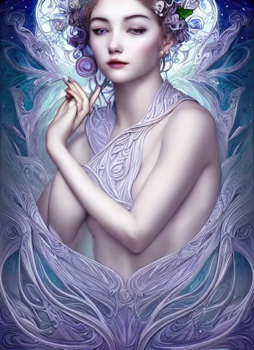 Image similar to seductive ethereal white north pole girl portrait art nouveau fantasy intricate flower designs elegant highly detailed sharp focus art by artgerm pours the water into the river soul care nature peace galaxies female black fine line fractal glow