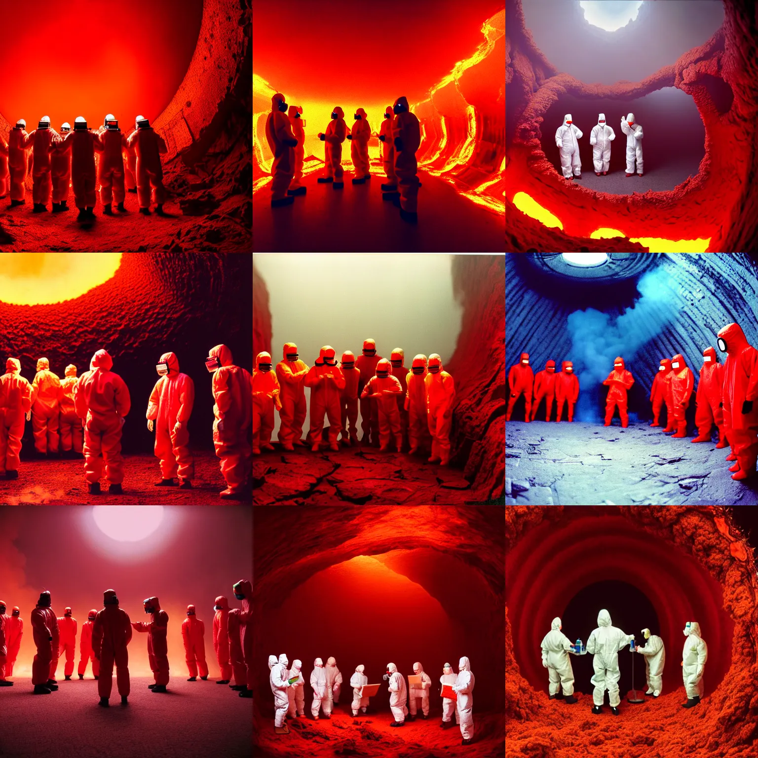 Prompt: wide - shot photo of a group of scientists in hazmat suits, studying a hell open rift portal, by shaun tan, codachrome, hellish, unsettling, red moss, otherworldly, smoke, red liquid, machines, 8 k, hd, highly detailed,