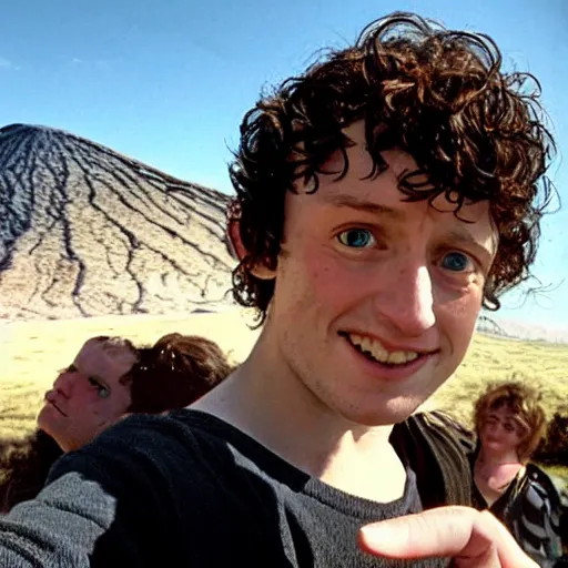 Prompt: frodo and sam take a selfie at mount doom.