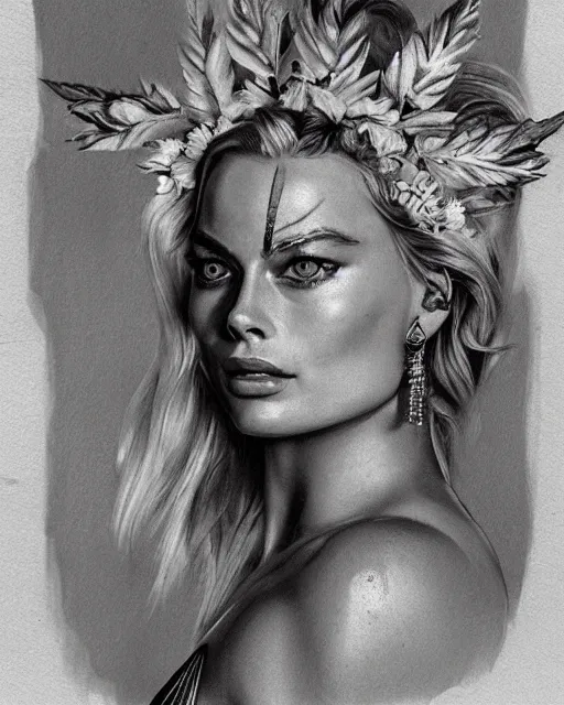 Image similar to realism tattoo sketch of margot robbie as a beautiful greek goddess aphrodite with piercing eyes wearing a laurel wreath and triangle earrings, in the style of greg rutkowski, amazing detail, confident