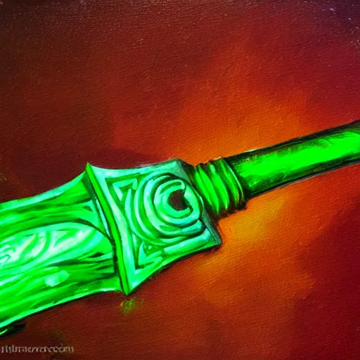 Image similar to Oil painting concept art of a magical acid sword glowing bright green, very intricate hilt, green color scheme, highly detailed concept art.