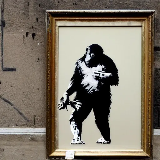 Image similar to ape painting a picture made by banksy