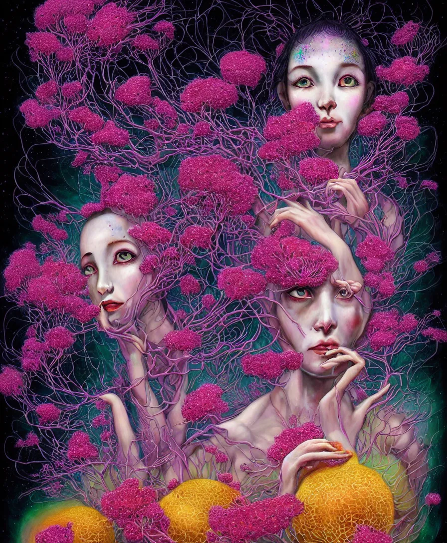 Image similar to hyper detailed 3d render like a Oil painting - kawaii portrait Aurora demon (ancient black haired Fae acrobat) seen Eating of the Strangling network of yellowcake aerochrome and milky Fruit and Her delicate Hands hold of gossamer polyp blossoms bring iridescent fungal flowers whose spores black the foolish stars by Jacek Yerka, Mariusz Lewandowski, Houdini algorithmic generative render, Abstract brush strokes, redshift render, Masterpiece, Edward Hopper and James Gilleard, Zdzislaw Beksinski, Mark Ryden, Wolfgang Lettl, hints of Yayoi Kasuma, extremely detailed, 8k