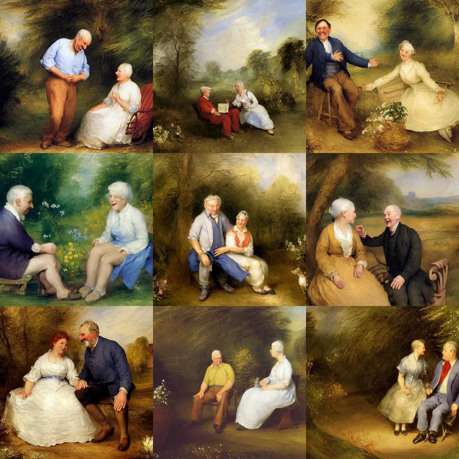 Prompt: a painting of a happy 60 year old man and a happy 60 year old woman sitting in a garden together, by william turner