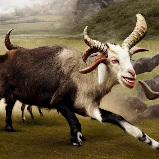 Prompt: hyperrealistic photo of a savage, deformed goat hybrid beast with ram's horns and sharp fangs, attacking a small medieval village