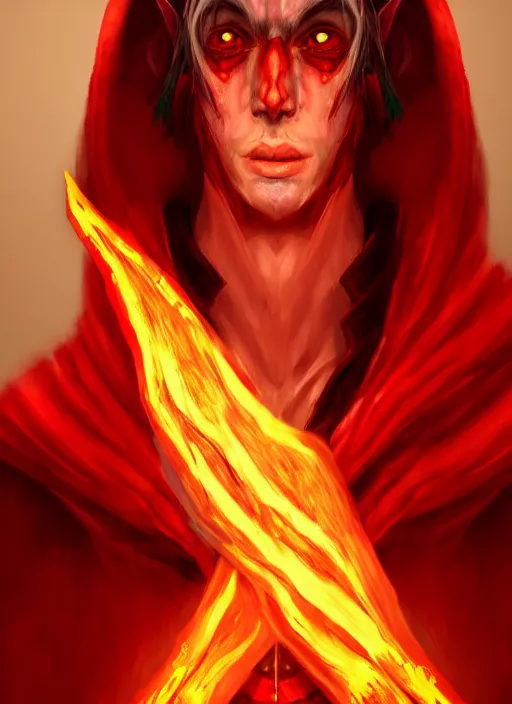 Prompt: Half-body portrait of a scarred elven fire mage in red and gold robe with flaming hands. In style of Hyung-tae Kim, concept art, trending on ArtStation, Korean MMORPG.