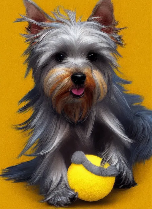 Prompt: A beautiful portrait of grey puppy yorkshire terrier playing with yellow magikarp plush toy, digital art by Eugene de Blaas and Ross Tran, vibrant color scheme, highly detailed, in the style of romanticism, cinematic, artstation, Greg rutkowski