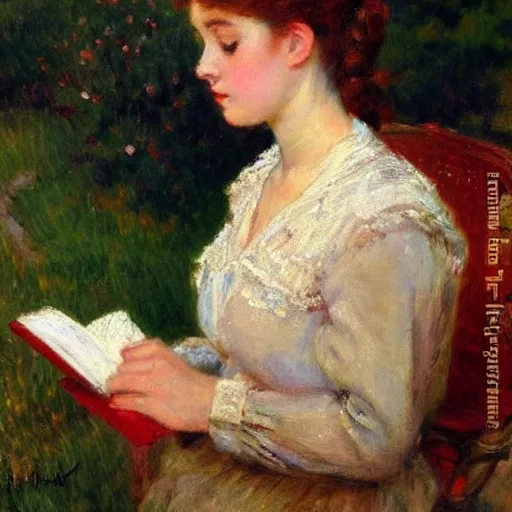 Prompt: portrait of a young woman holding a book, impressionism, realism, landscape, portrait, romanticism, painting by nikolay makovsky