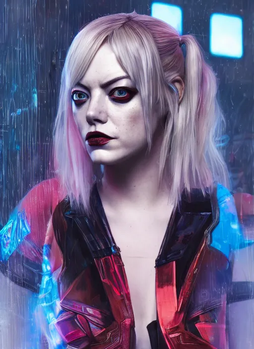 Image similar to cyberpunk portrait of emma stone as harley quinn, hyper detailed, digital art, trending in artstation, cinematic lighting, studio quality, smooth render, unreal engine 5 rendered, octane rendered, art style by klimt and nixeu and ian sprigger and wlop and krenz cushart.