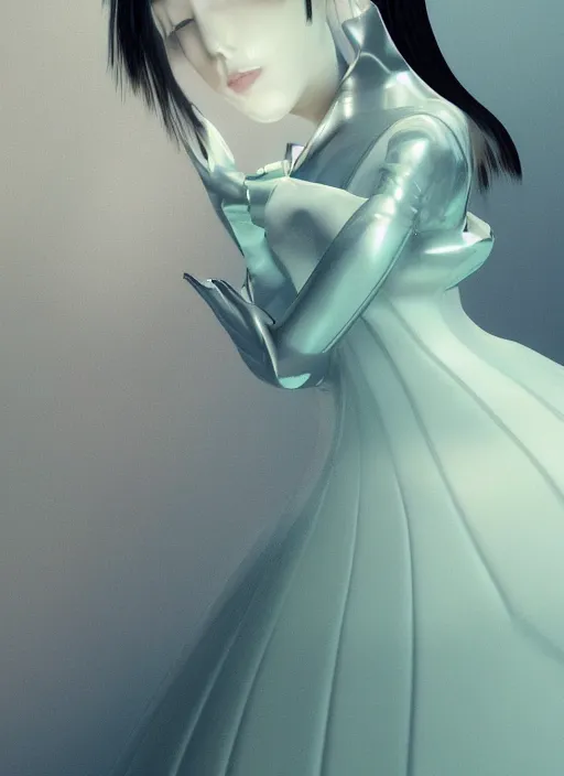 Prompt: an early 0 0's aesthetic digital portrait of a japanese futuristic beautiful girl detailed features wearing a latex wedding dress with a puffy skirt designed by balenciaga artstation, realistic by ichiro tanida and armin vit