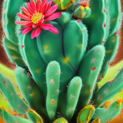 Image similar to Extremely detailed portrait of a cactus, flower is blossoming, mice running around, Oil on canvas, Vivid colors, artstation