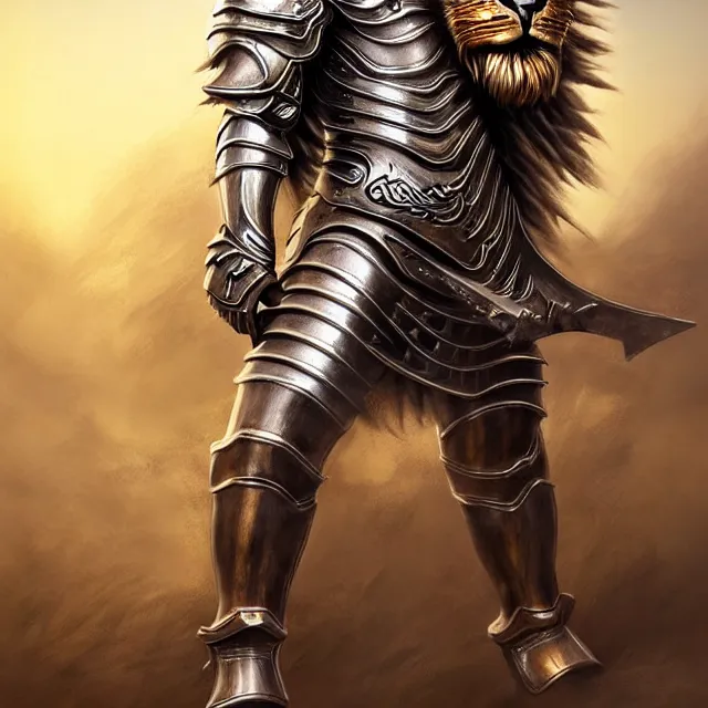 Image similar to warrior with metal lion armour, highly detailed, 4 k, hdr, smooth, sharp focus, high resolution, award - winning photo, artgerm, photorealistic