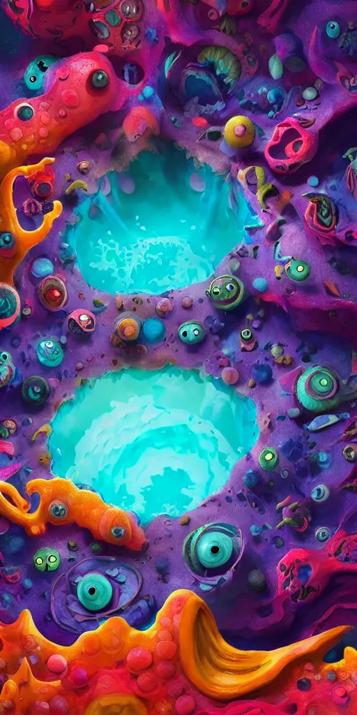 Image similar to of a colorful deep sea crater with strange cute jello happy creatures with huge eyes, mouth, long tongue and round teeth appearing from smokey background, in the style of gehry and gaudi, macro lens, shallow depth of field, ultra detailed, digital painting, trending artstation, concept art, illustration, cinematic lighting, photorealism, epic, octane render