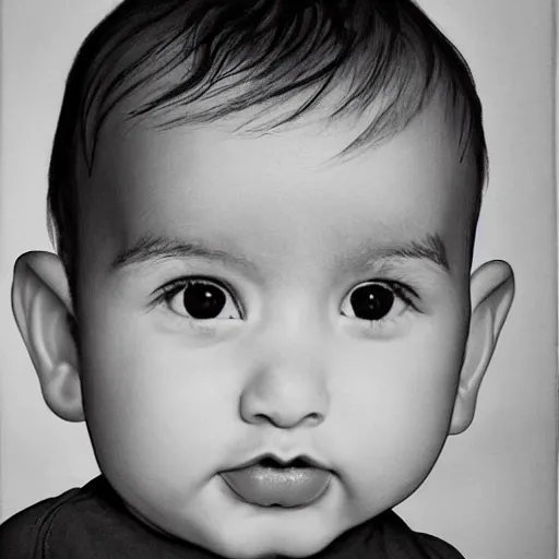 Prompt: gigachad as a baby, portrait, b&w, dramatic lighting