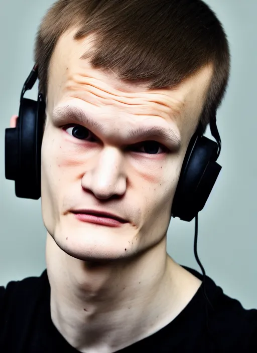 Prompt: perfect symmetric face, coherent eyes. vitalik buterin in headphones. vitalik buterin, close up, high detail, very sharp, 4 k