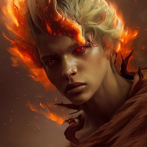 Image similar to photo realistic image of fire elemental, stunning 3 d render inspired art by istvan sandorfi and greg rutkowski, perfect facial symmetry, realistic, highly detailed attributes and atmosphere, dim volumetric cinematic lighting,