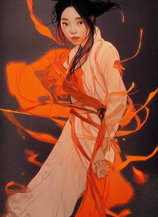 Image similar to mulan, orange spike aura in motion, damaged japanese clothes, floating pieces, painted by art by tsuyoshi nagano, greg rutkowski, artgerm, alphonse mucha, spike painting