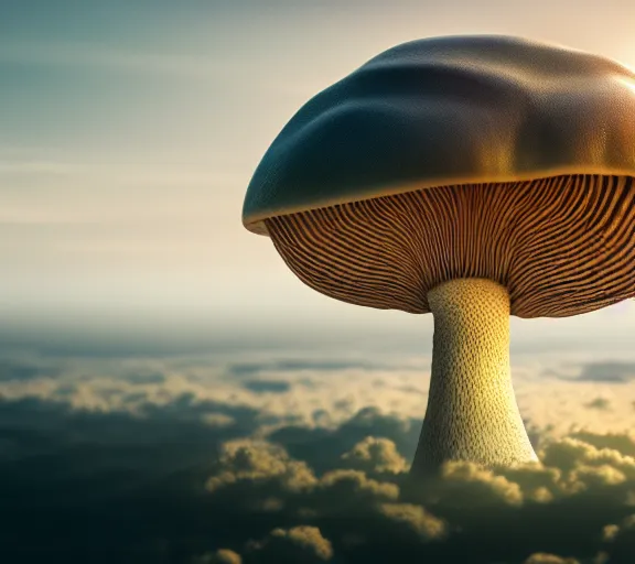 Prompt: a giant mushroom that stretches above the clouds with an upside down city built from the cap instead of gills. highly detailed 8 k. intricate. lifelike. soft light. nikon d 8 5 0. cinematic post - processing